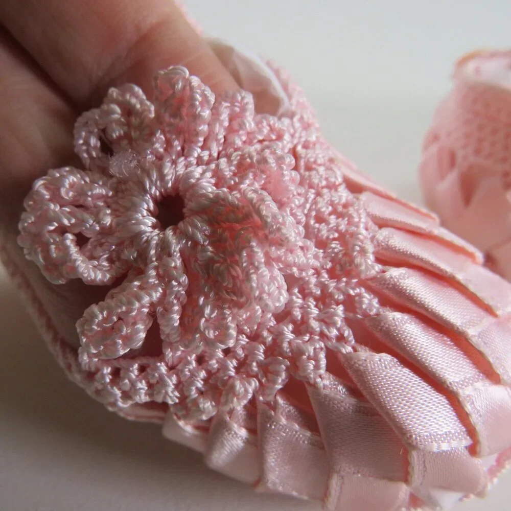Baby Pink Ribbon Embroidered & Crocheted Shoes Newborn 3 3/4